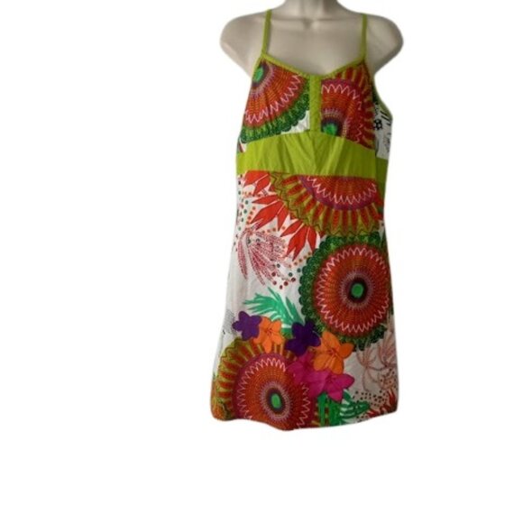 Vintage Coline Mini Sundress Green Combo Medallion Floral Cotton Boho Festival M - Picture 1 of 3